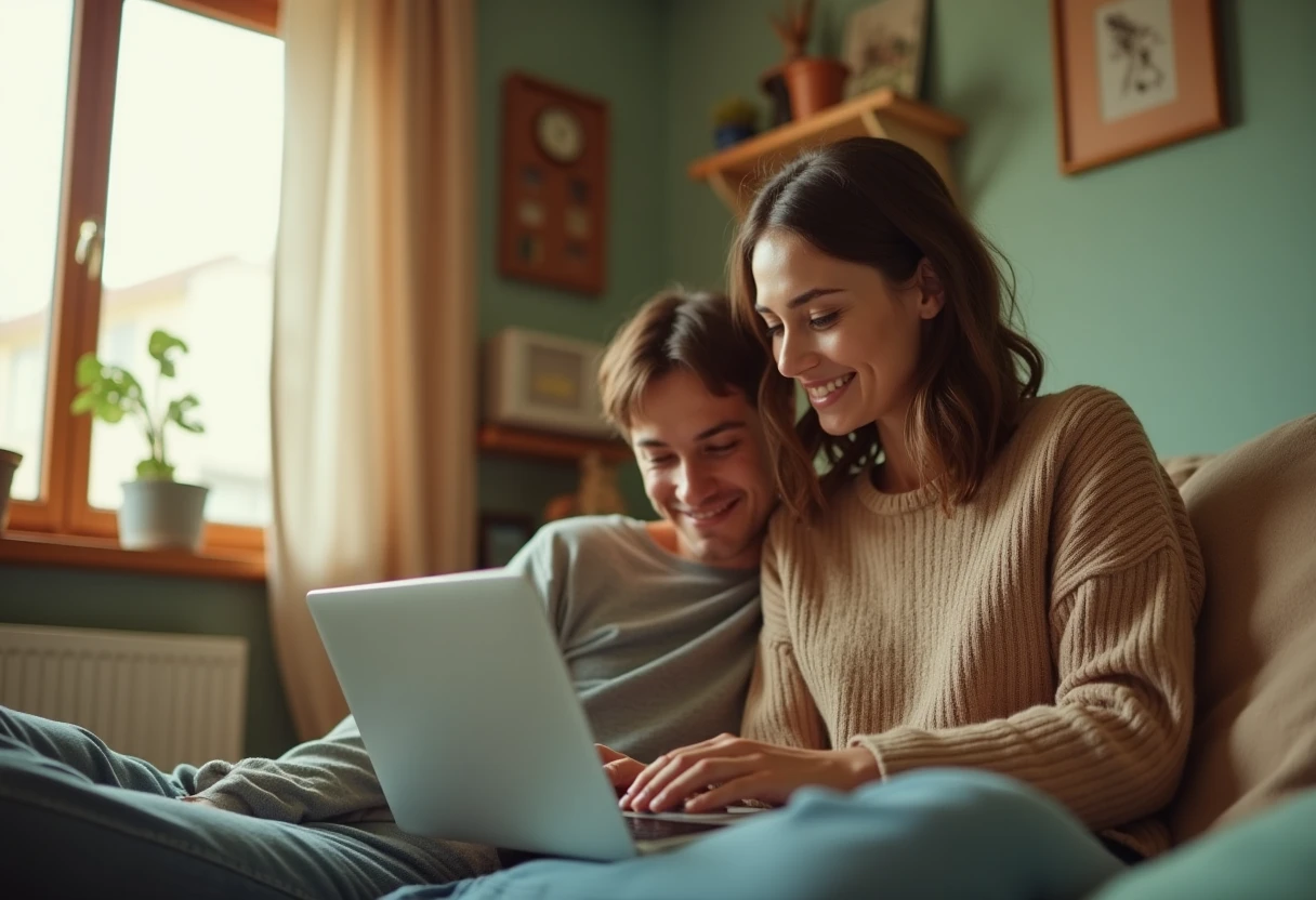 Young couple exploring a cozy apartment